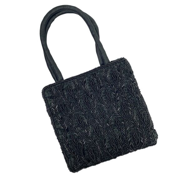 ⭐️ Vintage Beaded Mini Handbag BLACK Evening Bag Satin Art Deco 60’s Classy - Picture 1 of 8